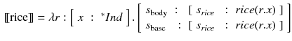 $$\begin{aligned}{}[\![\text {rice}]\!]= \lambda r : \left[ \begin{array}{lll}x&:&{^*}Ind\end{array}\right] . \left[ \begin{array}{lll} s_{\text {body}}&:&[\begin{array}{lll} s_{rice}&{}:&{} rice (r.x) \end{array}] \\ s_{\text {base}} &{}:&{}[\begin{array}{lll} s_{rice}&{}:&{} rice (r.x) \end{array}] \end{array}\right] \end{aligned}$$