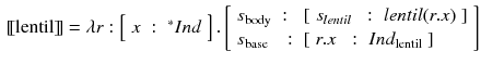 $$\begin{aligned}{}[\![\text {lentil}]\!]= \lambda r : \left[ \begin{array}{lll}x&:&{^*}Ind\end{array}\right] . \left[ \begin{array}{lll} s_{\text {body}}&:&[\begin{array}{lll} s_{lentil}&{}:&{} lentil (r.x) \end{array}] \\ s_{\text {base}} &{}:&{}[\begin{array}{lll} r.x &{}:&{}Ind_{\text {lentil}} \end{array}] \end{array}\right] \end{aligned}$$