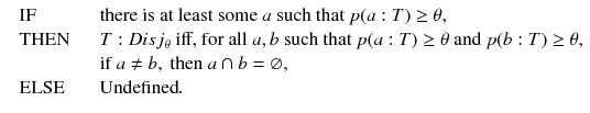 $$ \begin{array}{cll} &{}\mathrm{{IF}}\quad \quad &{} \text {there is at least some } a \text { such that } p(a:T)\ge \theta , \\ &{}\mathrm{{THEN}} \quad \quad &{} T : Disj_\theta \text { iff, for all } a,b \text { such that } p(a : T) \ge \theta \text { and } p(b : T) \ge \theta ,\\ &{}\quad \quad &{} \text {if } a\ne b, \text { then } a \cap b = \varnothing , \\ &{}\mathrm{{ELSE}} \quad \quad &{} \text {Undefined}. \end{array} $$