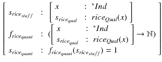 $$\begin{aligned} \left[ \begin{array}{lll} s_{rice_{stuff}}&{} : &{} \left[ \begin{array}{lll} x &{} : &{} {^*Ind}\\ s_{rice_{qual}} &{} : &{} rice_{Qual}(x) \\ \end{array}\right] \\ f_{rice_{quant}} &{} : &{} ( \left[ \begin{array}{lll} x &{} : &{} {^*Ind}\\ s_{rice_{qual}} &{} : &{} rice_{Qual}(x) \\ \end{array}\right] \rightarrow \mathbb {N}) \\ s_{rice_{quant}} &{} : &{} f_{rice_{quant}}(s_{rice_{stuff}}) = 1 \\ \end{array}\right] \end{aligned}$$