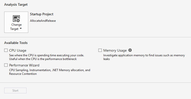 Profiling options in Visual Studio.