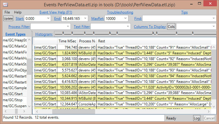 A list of all GC Start events taken in a 60-second trace. Notice various pieces of data associated with the event, such as the Reason and Depth.