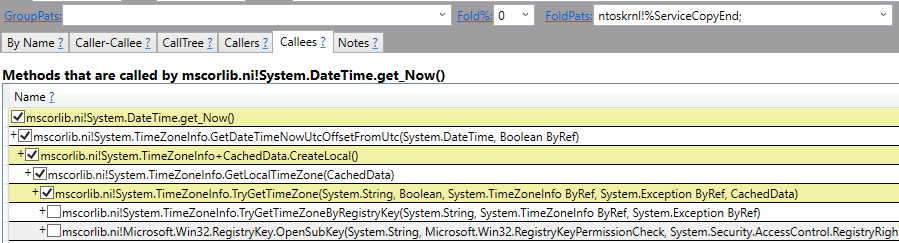 The call to DateTime.Now includes a deep chain of TimeZoneInfo method calls. Without folding, these can get a little noisy.