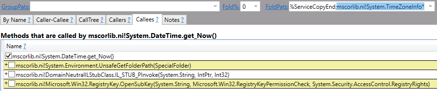 By folding the pattern “mscorlib.ni!System.TimeZoneInfo*“, all of the cost of those methods will be counted as the cost of calling DateTime.Now