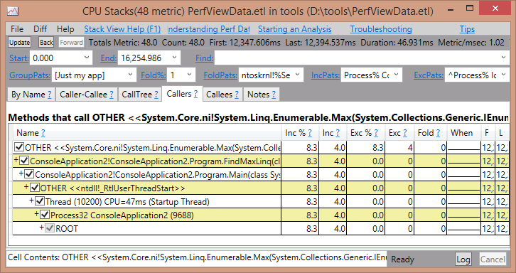 A typical stack view in PerfView. The UI contains many options for filtering, sorting, and searching.