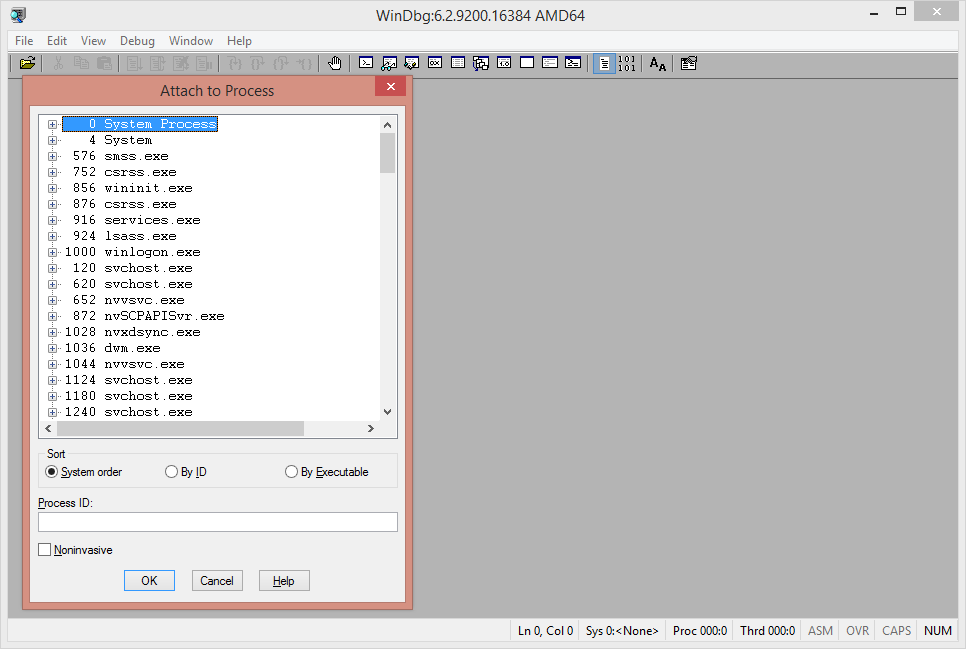WinDbg’s Attach to Process screen.