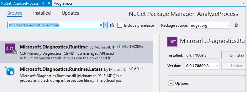 The easiest way to obtain the library is via a NuGet package from http://NuGet.org. You can search for either Microsoft.Diagnostics.Runtime or CLR MD.