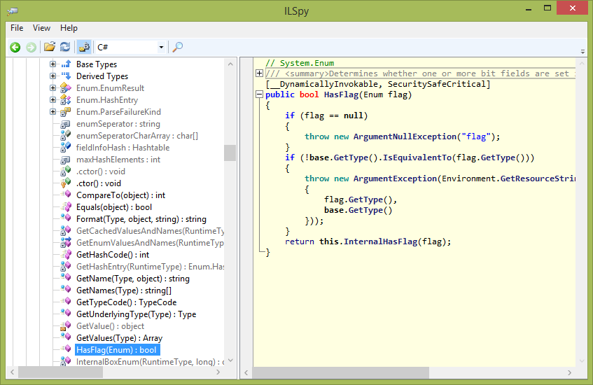 ILSpy with a decompilation of Enum.HasFlag in C#. Decompilers are a powerful tool for learning how 3rd-party code works and performs.