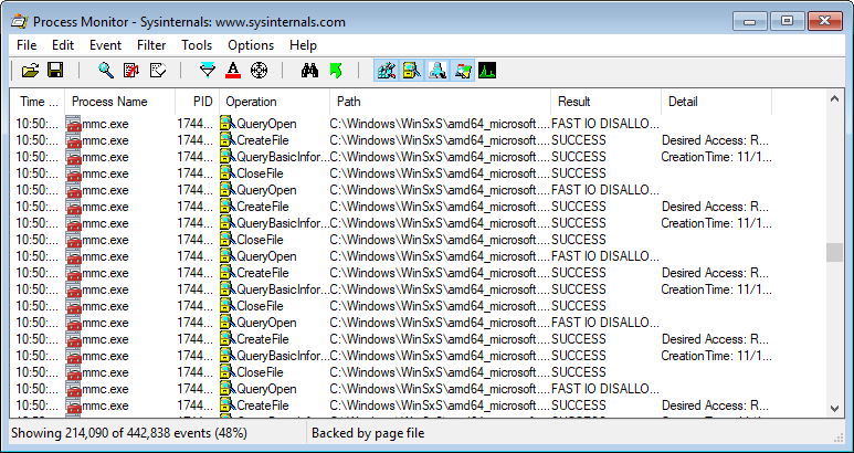 Process Monitor shows a live trace of file, registry, process, thread, and network events for the whole system. It can be useful, for example, to find out whether a process is reading from a specific file and when.