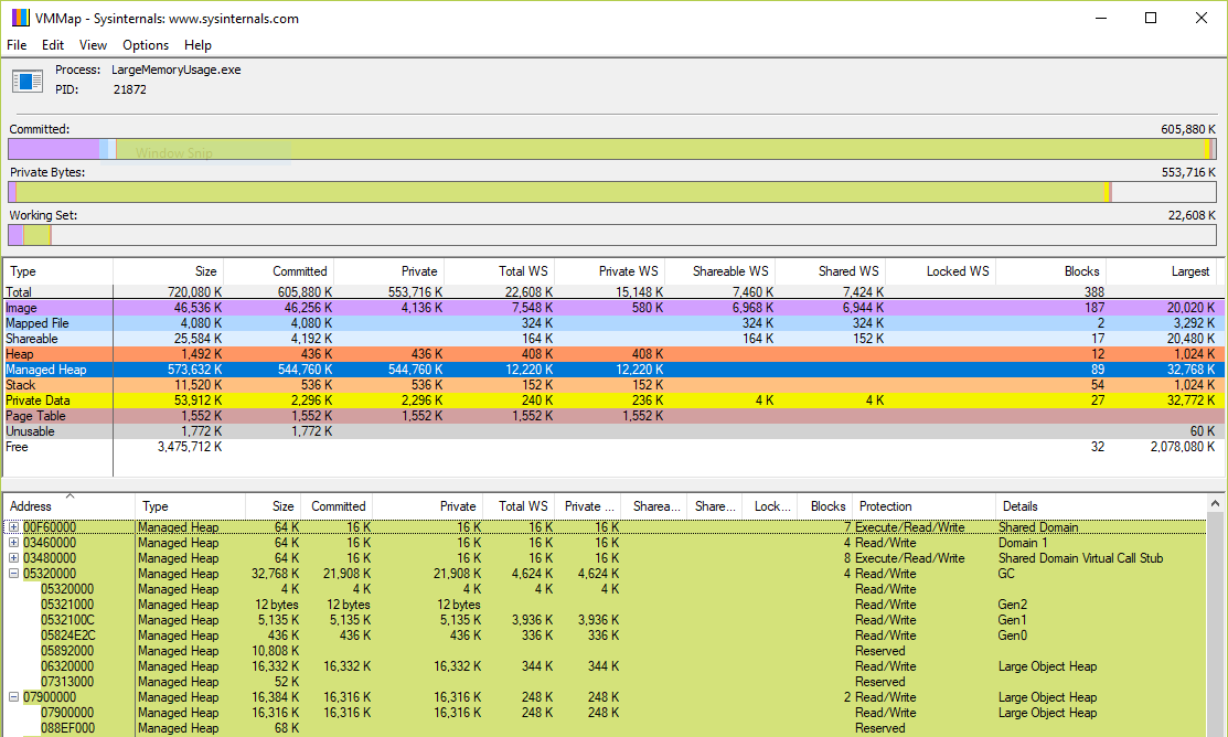 VMMap can break down all the various memory regions in a process, including GC heap segments.