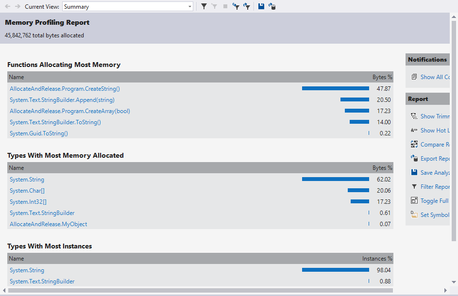 Memory Profiling Report, which shows which methods allocate the most, as well as which types take up the most memory.