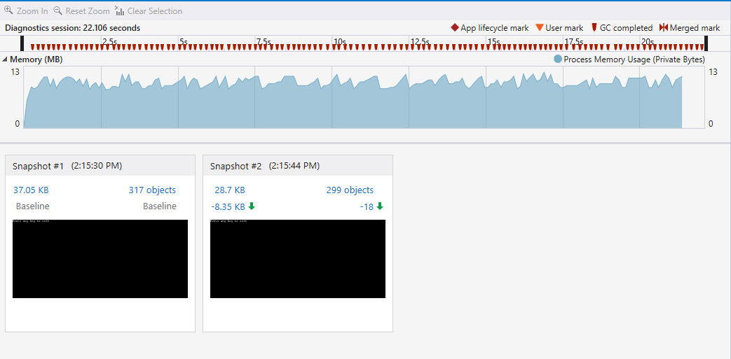 Memory usage graph, showing aggregate memory usage, GCs, and heap snapshots.