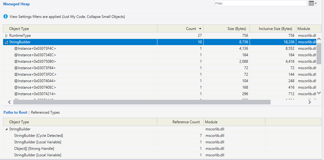 Visual Studio’s heap snapshot view. This shows the various paths to root of each object type in aggregate, or with specific instances.