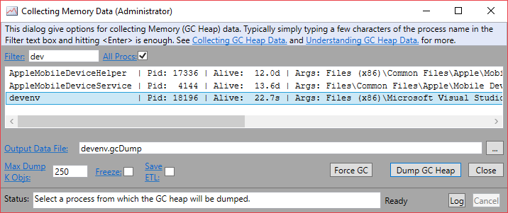 PerfView’s Heap Snapshot dialog samples the managed heap for easy analysis.