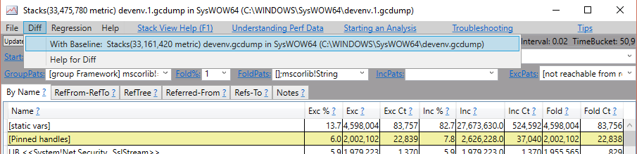 If you open two heap snapshots, you can compare them to get a view that shows differences.