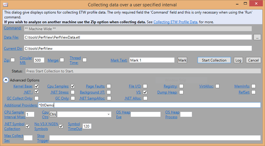 PerfView’s Collect window, showing where to enter additional ETW providers.