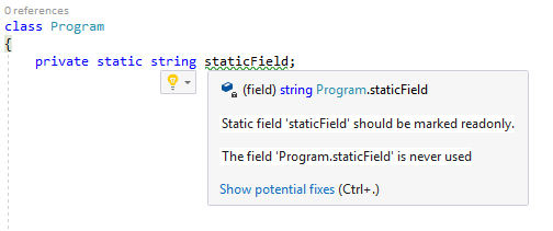 The code analysis rule causes a squiggly line to appear underneath the syntax in question.