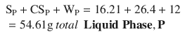 
$$ {\displaystyle \begin{array}{l}{\mathrm{S}}_{\mathrm{P}}+{\mathrm{CS}}_{\mathrm{P}}+{\mathrm{W}}_{\mathrm{P}}=16.21+26.4+12\hfill \\ {}=54.61\mathrm{g}\, total\ \ \mathbf{Liquid} \; \mathbf{Phase},\mathbf{P}\hfill \end{array}} $$
