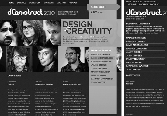 The dConstruct website viewed in a desktop browser (left) and a mobile browser (right)