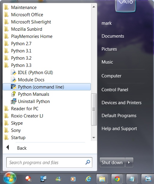 When installed on Windows 7 and earlier, this is how Python shows up in your Start button menu. This can vary across releases, but IDLE starts a development GUI, and Python starts a simple interactive session. Also here are the standard manuals and the PyDoc documentation engine (Module Docs). See and for pointers on Windows 8 and other platforms.