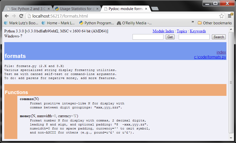 PyDoc’s view of formats.py, obtained by running a “py −3 -m pydoc –b” command line in 3.2 and later and clicking on the file’s index entry (see )