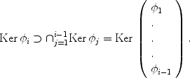 
$$\mathrm{Ker}\,{\phi }_{i} \supset {\cap }_{j=1}^{i-1}\mathrm{Ker}\,{\phi }_{ j} = \mathrm{Ker}\,\left (\begin{array}{l} {\phi }_{1}\\.\\.\\. \\ {\phi }_{i-1}\\ \end{array} \right ).$$
