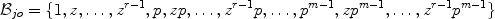 
$${\mathcal{B}}_{jo} =\{ 1,z,\ldots,{z}^{r-1},p,zp,\ldots,{z}^{r-1}p,\ldots,{p}^{m-1},z{p}^{m-1},\ldots,{z}^{r-1}{p}^{m-1}\}$$
