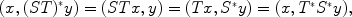 
$$(x,{(ST)}^{{_\ast}}y) = (STx,y) = (Tx,{S}^{{_\ast}}y) = (x,{T}^{{_\ast}}{S}^{{_\ast}}y),$$
