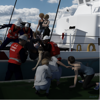 USCGC Kauai's crew hurriedly transfers the freed human trafficking victims to safety from the sinking M/V Miho Dujam.