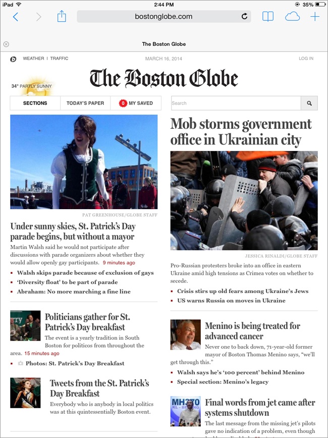 The Boston Globe site rendered in full size on an iPad.