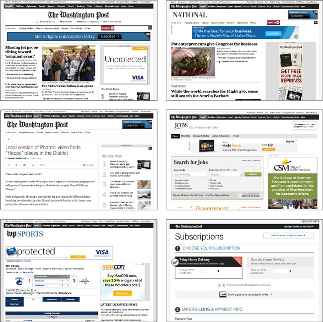 Six of the different layouts used on The Washington Post website.