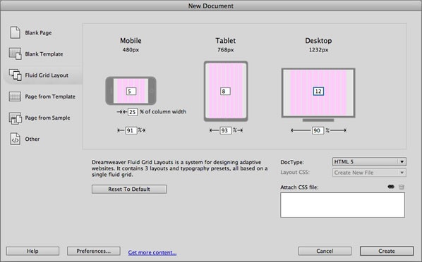 The Dreamweaver interface lets you set up three layouts for a website.