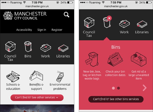 The Manchester City Council website focuses on the things that users will actually be looking for.