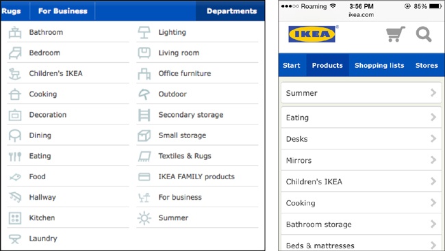 The desktop and mobile versions of the Ikea website have slightly different categories in their navigation.