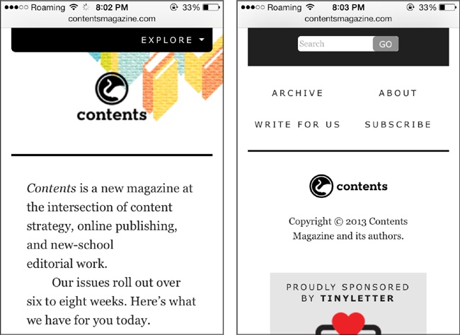 The Contents Magazine website uses a footer navigation.