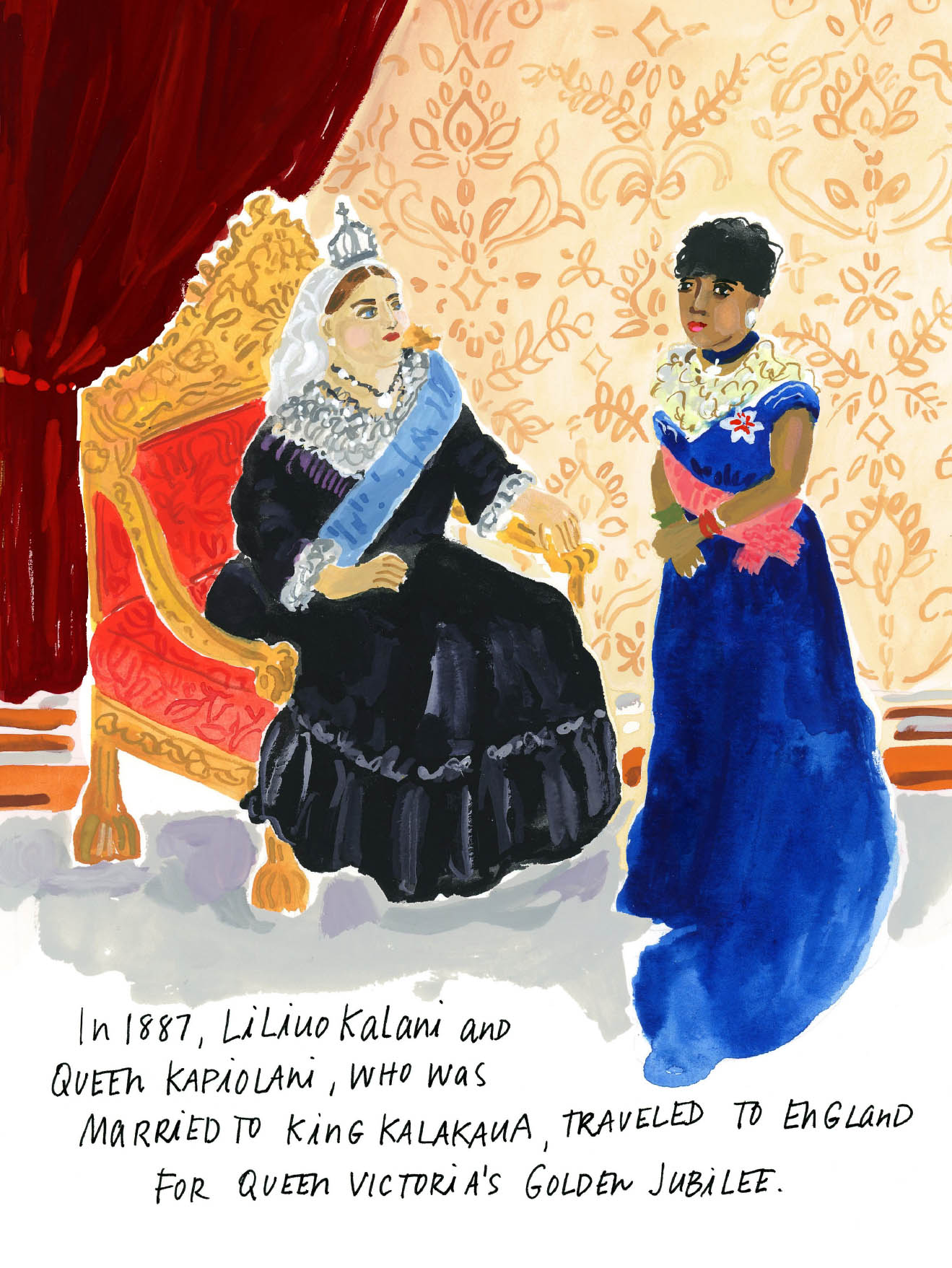 IN 1887, LILIUO KALANI AND QUEEN KAPIOLANI, WHO WAS MARRIED TO KING KALAKAUA, TRAVELED TO ENGLAND FOR QUEEN VICTORIA’S GOLDEN JUBILEE.