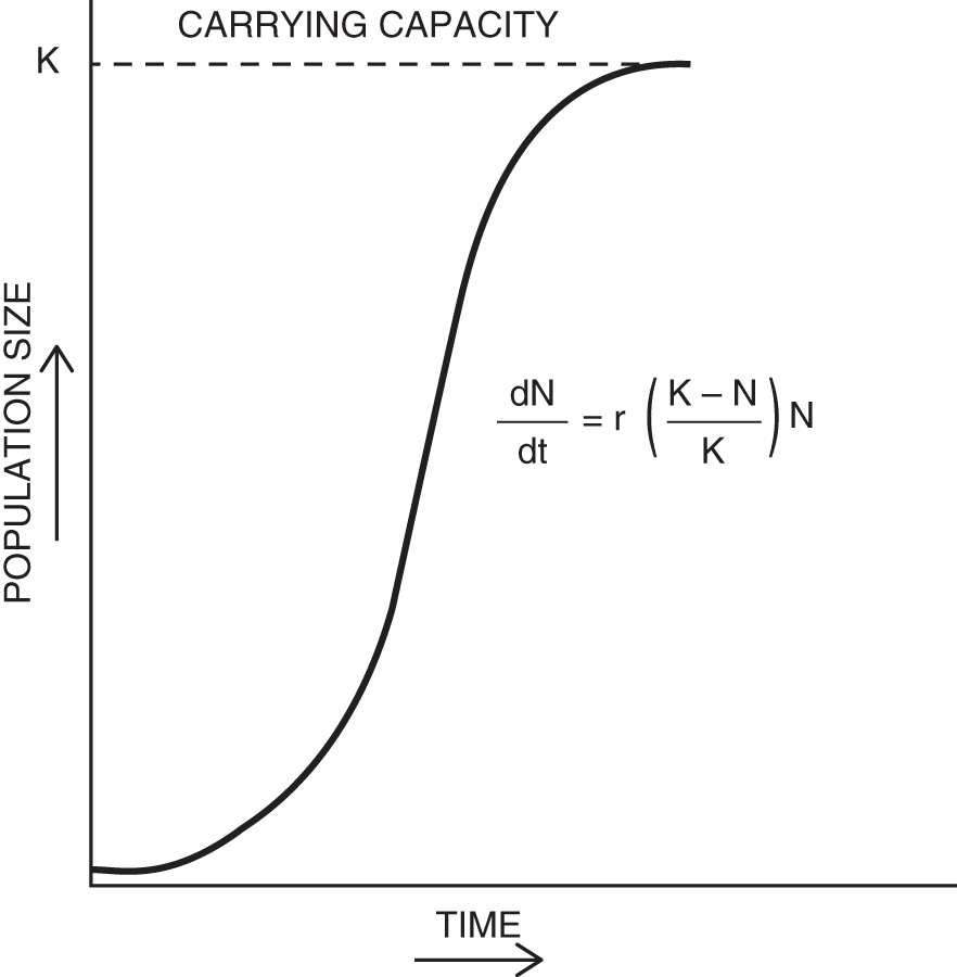 Graph depicting the population growth curve representing the exponential increase in number of a species until it reaches its carrying capacity in that environment.