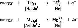 \begin{array}{lccccl} \mathrm{energy} &+ &\mathrm{Li}_{(g)} &\rightarrow & \mathrm{Li}^+_{(g)} & + \ e^- \\\ & &[\mathrm{He}]2s^1 & &[\mathrm{He}] \\\\\\ \mathrm{energy} &+ &\mathrm{Mg}_{(g)} &\rightarrow & \mathrm{Mg}^{2+}_{(g)} & + \ 2e^- \\\ & &[\mathrm{Ne}]3s^12& &[\mathrm{Ne}]\end{array}