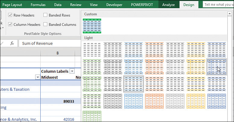 The figure shows the PivotTable Style gallery open to show some of the the available styles for pivot tables. The Custom and Light categories are visible.