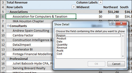 Click the Expand Field icon from a customer cell, and a Show Detail dialog box offers new fields that you can add to the pivot table.