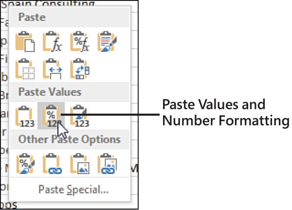 This figure shows the Paste Options menu. The second icon under Paste Values has both a percent sign and 123. This is the icon that will paste values along with any number formatting.