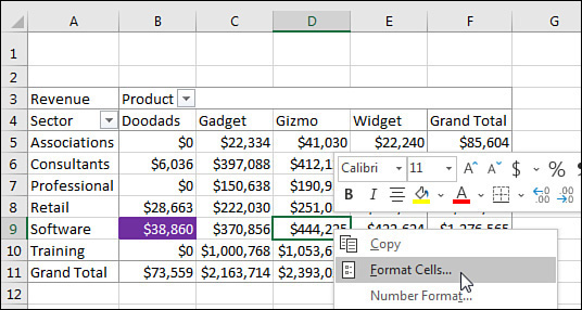 A pivot table shows Revenue by Sector and Product. The cell for Product=Doodads and Sector=Software has been formatted with a fill color.