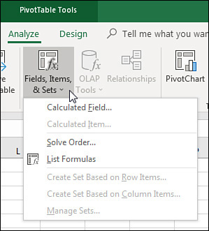 This figure shows detail of the PivotTable Tools | Analyze tab in the ribbon. Open the Fields, Items, & Sets drop-down menu and choose Calculated Field.