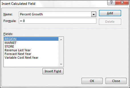 This figure shows the Insert Calculated Field dialog box with a new name of Percent Growth.