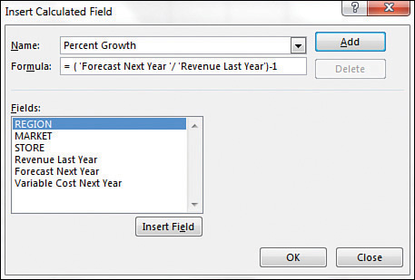 The Percent Growth calculated field has a formula of = ( ‘Forecast Next Year ‘/ ‘Revenue Last Year’)-1.