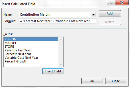 This figure shows the Insert Calculated Field dialog box with a calculation for Contribution Margin.