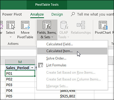 Choose one Sales Period and then choose Calculated Item from the Fields, Items, & Sets drop-down menu.