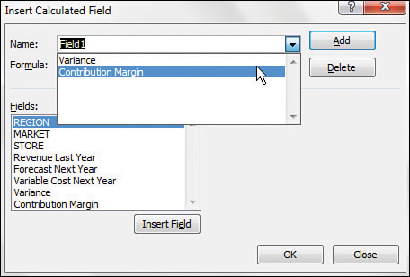 You can see a list of calculated fields using the drop-down menu in the Insert Calculated Field dialog box.