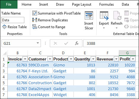 Every other row in the data is shaded. This is one sign that you’ve formatted the data as a table. Also, when you select a cell in the table, the Table Tools Design tab appears in the ribbon. Go to that tab and rename “Table1” to “Data” or “InvoiceData” or “Invoices.”