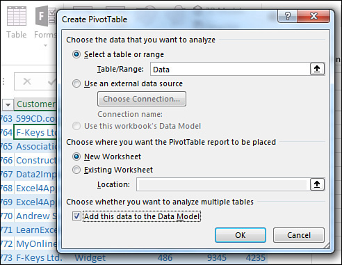 Starting from a cell in the invoice data, choose Insert, Pivot Table. You need to select the check box for Add This Data To The Data Model.